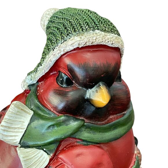 Cardinal Bird In Nest Figure Red Green Hat Scarf Winter Resin Decor CHIP READ - Picture 2 of 14